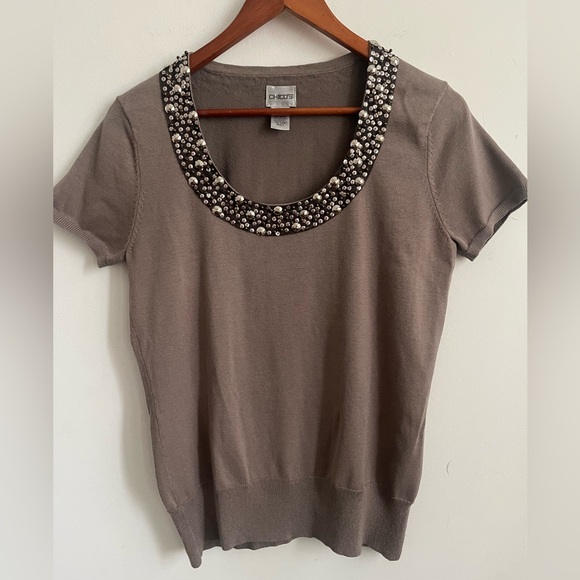 Chicos Gray Seater Sequin Beaded Embellishment Size 0 XS Silk Cotton - Picture 1 of 5
